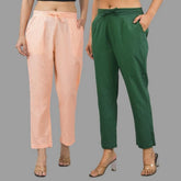 Combo of 2 Peach and Bottle Green Cotton Flax Women Trouser Pants-11361