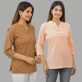 Combo of 2 Peach and Brown Cotton Flax Women Top