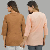 Combo of 2 Peach and Brown Cotton Flax Women Top