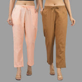 Combo of 2 Peach and Brown Cotton Flax Women Trouser Pants-11362