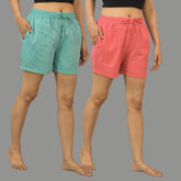 Combo of 2 Peach and Cyan Cotton Women Shorts-10550
