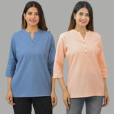 Combo of 2 Peach and Denim Blue Cotton Flax Women Top