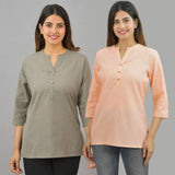 Combo of 2 Peach and Gray Cotton Flax Women Top