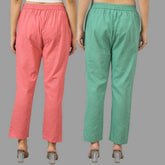 Combo of 2 Peach and Green Cotton Flax Women Trouser Pants-11400
