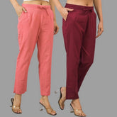 Combo of 2 Peach and Maroon Cotton Flax Women Trouser Pants-11402