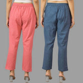Combo of 2 Peach and Navy Blue Cotton Flax Women Trouser Pants