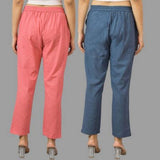 Combo of 2 Peach and Navy Blue Cotton Flax Women Trouser Pants