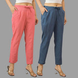 Combo of 2 Peach and Navy Blue Cotton Flax Women Trouser Pants