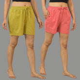 Combo of 2 Peach and Olive Green Cotton Women Shorts-10574