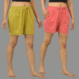 Combo of 2 Peach and Olive Green Cotton Women Shorts-10574