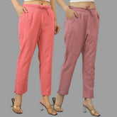Combo of 2 Peach and Pink Cotton Flax Women Trouser Pants-11406