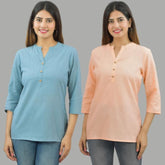 Combo of 2 Peach and Sky Blue Cotton Flax Women Top
