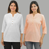 Combo of 2 Peach and White Cotton Flax Women Top