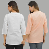Combo of 2 Peach and White Cotton Flax Women Top