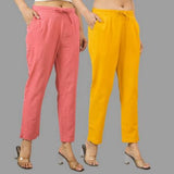 Combo of 2 Peach and Yellow Cotton Flax Women Trouser Pants
