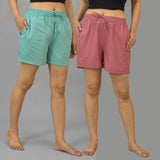 Combo of 2 Pink and Cyan Cotton Women Shorts