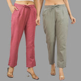 Combo of 2 Pink and Gray Cotton Flax Women Trouser Pants-11383