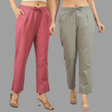 Combo of 2 Pink and Gray Cotton Flax Women Trouser Pants-11383