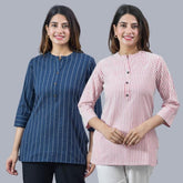 Combo of 2 Pink and Navy Blue Cotton Stripe Women Top