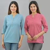 Combo of 2 Pink and Sky Blue Cotton Flax Women Top