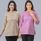Combo of 2 Purple and Beige Cotton Stripe Women Top-