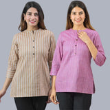 Combo of 2 Purple and Beige Cotton Stripe Women Top-