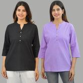 Combo of 2 Purple and Black Cotton Flax Women Top