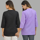 Combo of 2 Purple and Black Cotton Flax Women Top
