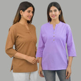 Combo of 2 Purple and Brown Cotton Flax Women Top