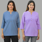 Combo of 2 Purple and Denim Blue Cotton Flax Women Top