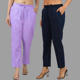Combo of 2 Purple and Navy Blue Cotton Flax Women Trouser Pants