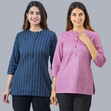 Combo of 2 Purple and Navy Blue Cotton Stripe Women Top
