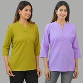 Combo of 2 Purple and Olive Green Cotton Flax Women Top