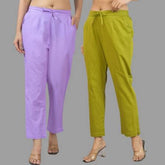 Combo of 2 Purple and Olive Green Cotton Flax Women Trouser Pants-11327