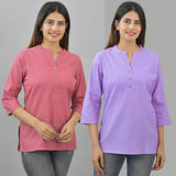 Combo of 2 Peach and Olive Green Cotton Flax Women Top