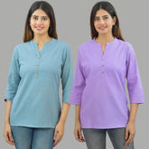 Combo of 2 Purple and Sky Blue Cotton Flax Women Top