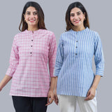 Combo of 2 Sky Blue and Baby Pink Cotton Checks and Stripe Women Top