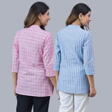 Combo of 2 Sky Blue and Baby Pink Cotton Checks and Stripe Women Top