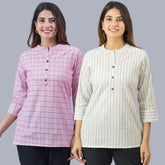 Combo of 2 Sky Blue and Baby Pink Cotton Checks and Stripe Women Top