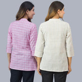 Combo of 2 Sky Blue and Baby Pink Cotton Checks and Stripe Women Top