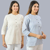 Combo of 2 Sky Blue and Beige Cotton Stripe Women Top