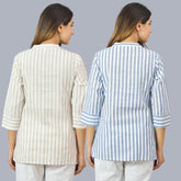 Combo of 2 Sky Blue and Beige Cotton Stripe Women Top