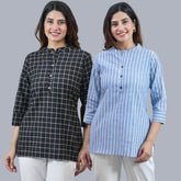 Combo of 2 Sky Blue and Black Cotton Checks and Stripe Women Top-