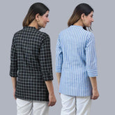Combo of 2 Sky Blue and Black Cotton Checks and Stripe Women Top-