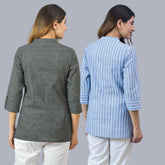 Combo of 2 Sky Blue and Black Cotton Checks and Stripe Women Top-