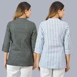 Combo of 2 Sky Blue and Black Cotton Checks and Stripe Women Top