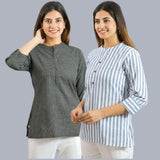 Combo of 2 Sky Blue and Black Cotton Checks and Stripe Women Top