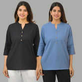 Combo of 2 Sky Blue and Black Cotton Flax Women Top