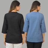 Combo of 2 Sky Blue and Black Cotton Flax Women Top