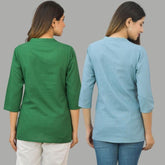 Combo of 2 Sky Blue and Bottle Green Cotton Flax Women Top